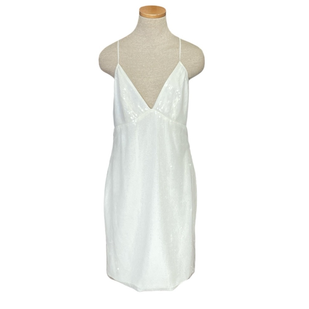 AMSALE BHLDN White Slip Dress Tulle Sequins Deep V Neck Mini Wedding Size 12